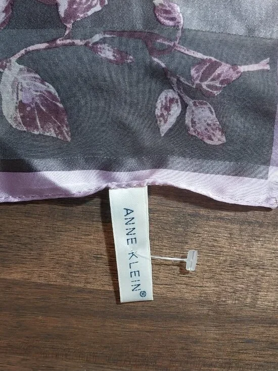 100% Silk Scarf Pink Brown Gray Floral Oblong 11x52 Lightweight by Anne Klein. - Picture 7 of 9
